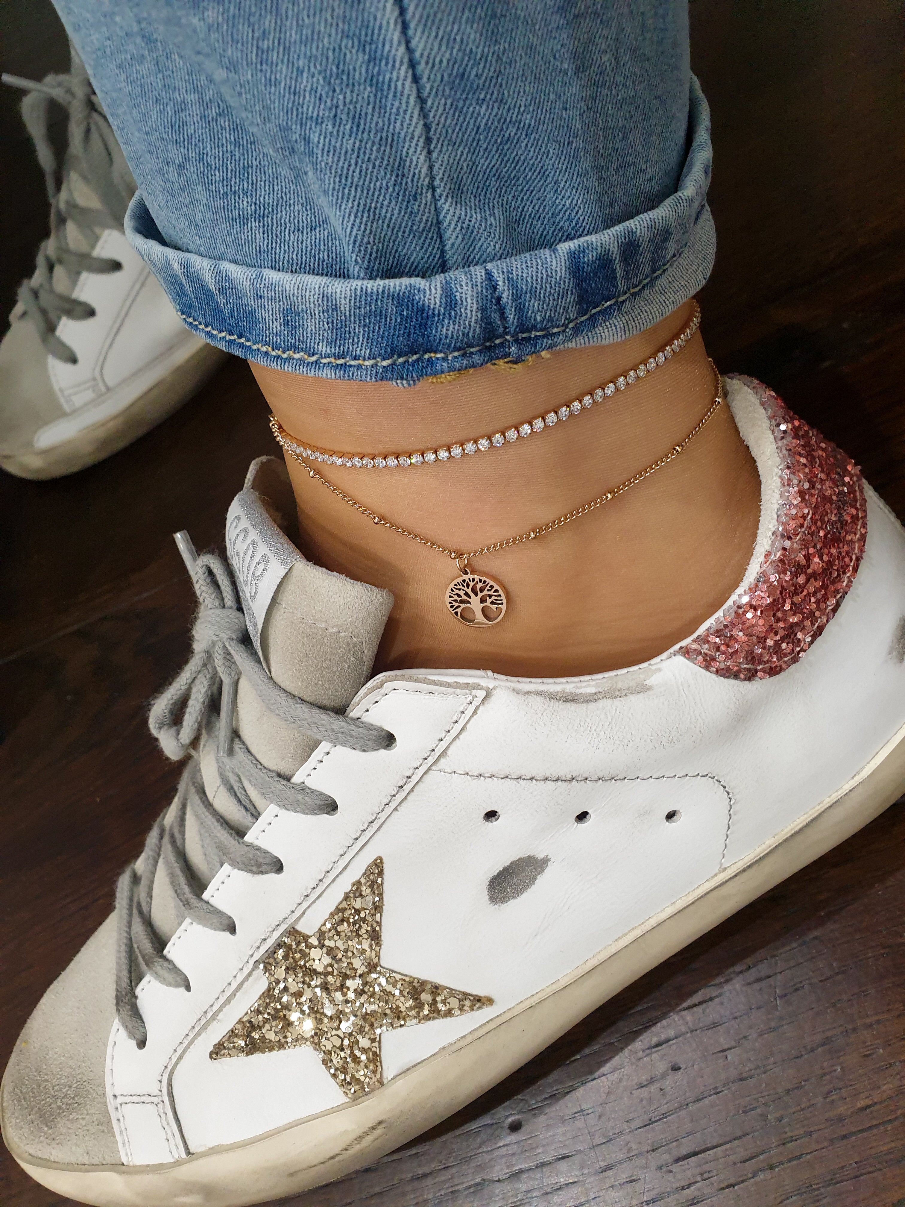 Armband Double für den Fuß mit Zirkonen | Baum des Lebens