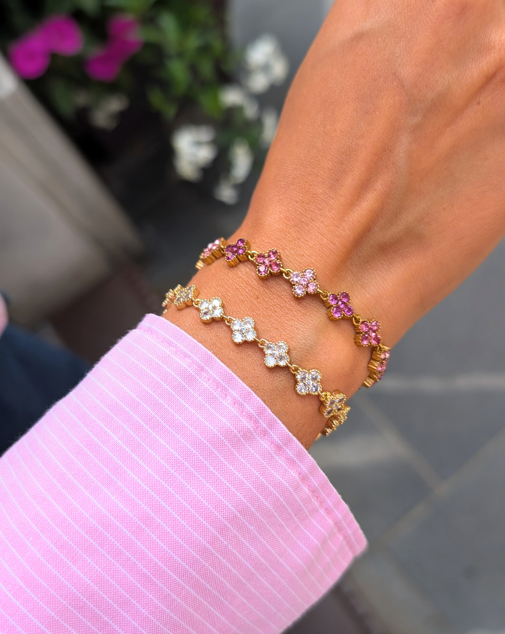 Edelstahlarmbänder mit Blumen in rosa und transparent - Trgovina Patrizia Ljubljana.