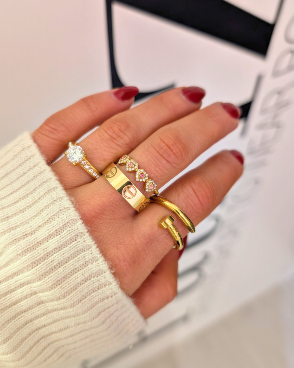 Combination of gold rings with zirconia and pavé details made of stainless steel, Trgovina Patrizia