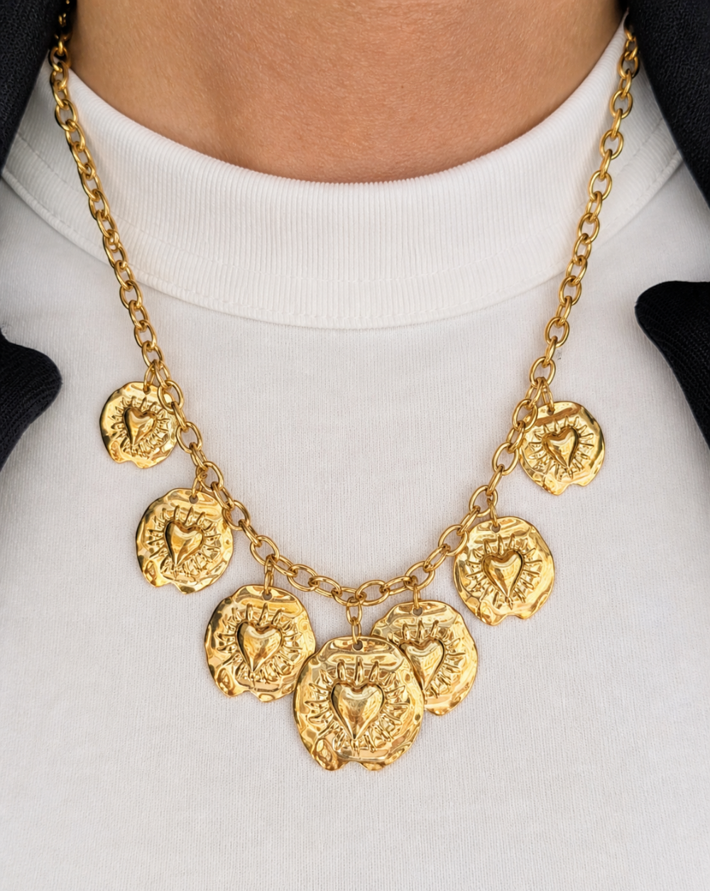 Fashion necklace dangling medallions and a heart motif made of stainless steel or surgical steel – trgovina Patrizia , statement jewelry