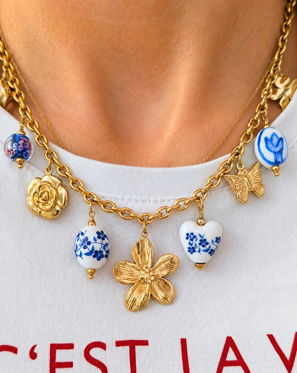 Fashion necklace pendants, floral motifs, and porcelain details made of stainless or surgical steel – trgovina Patrizia , statement summer jewelry