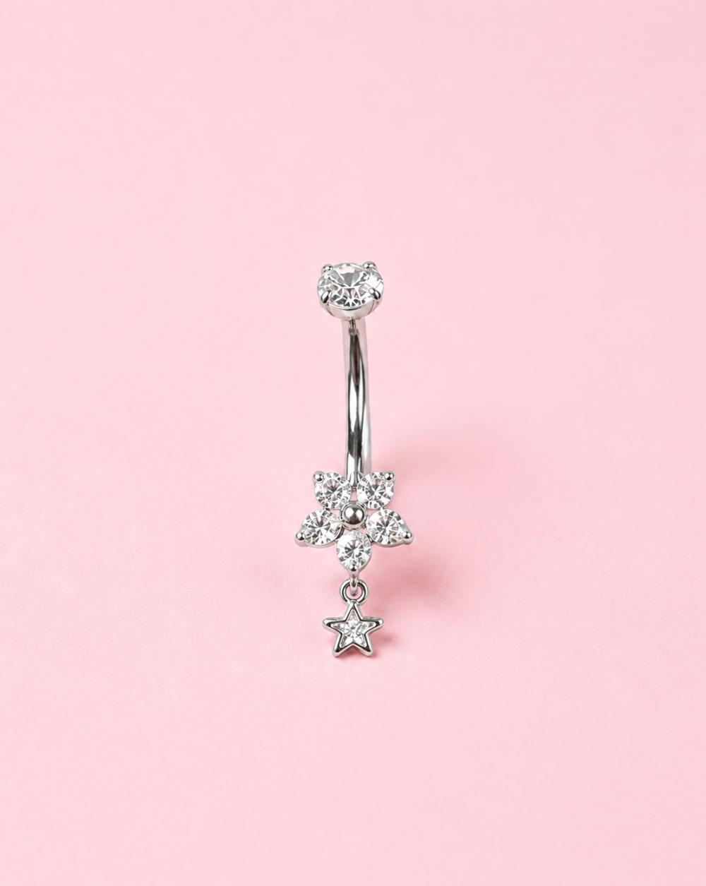 Bauchnabelpiercing mit Blumenmotiv, Sternchen und Kristallsteinen aus rostfreiem bzw. chirurgischem Stahl – trgovina Patrizia , eleganter, verspielter Schmuck