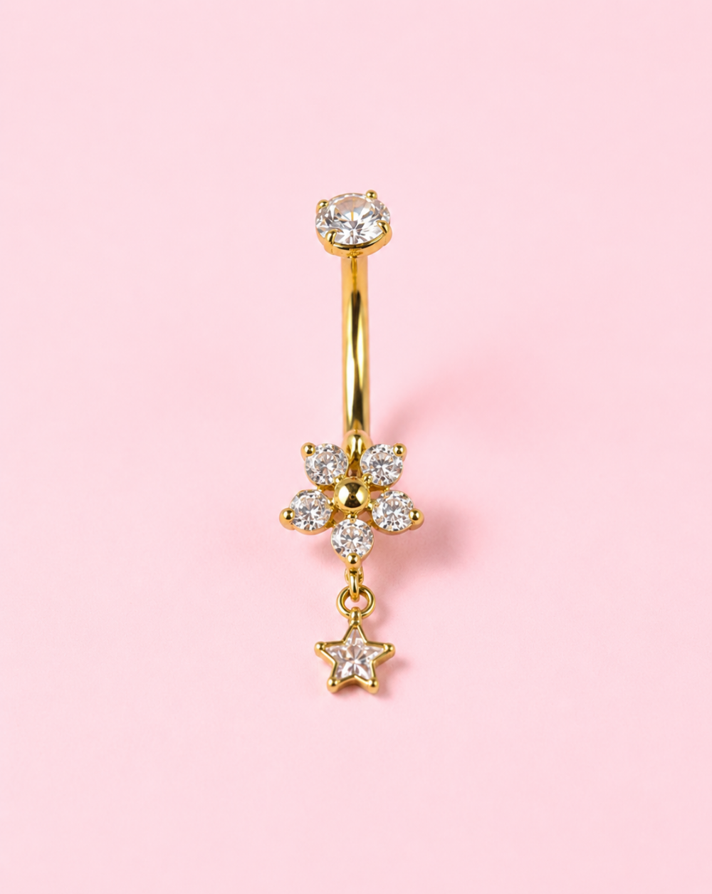 Bauchnabelpiercing mit Blumenmotiv, Sternchen und Kristallsteinen aus rostfreiem bzw. chirurgischem Stahl – trgovina Patrizia , eleganter, verspielter Schmuck