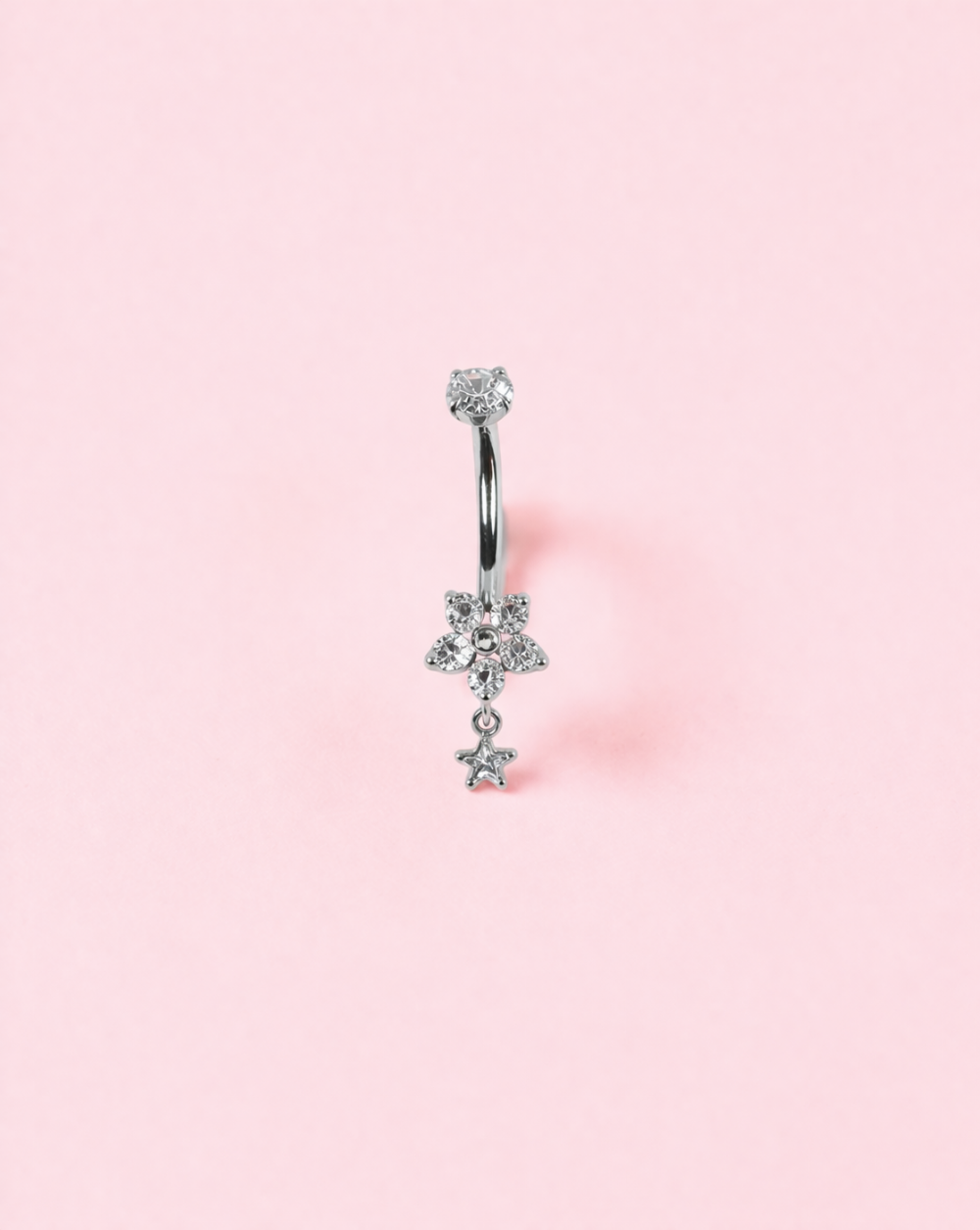 Bauchnabelpiercing mit Blumenmotiv, Sternchen und Kristallsteinen aus rostfreiem bzw. chirurgischem Stahl – trgovina Patrizia , eleganter, verspielter Schmuck