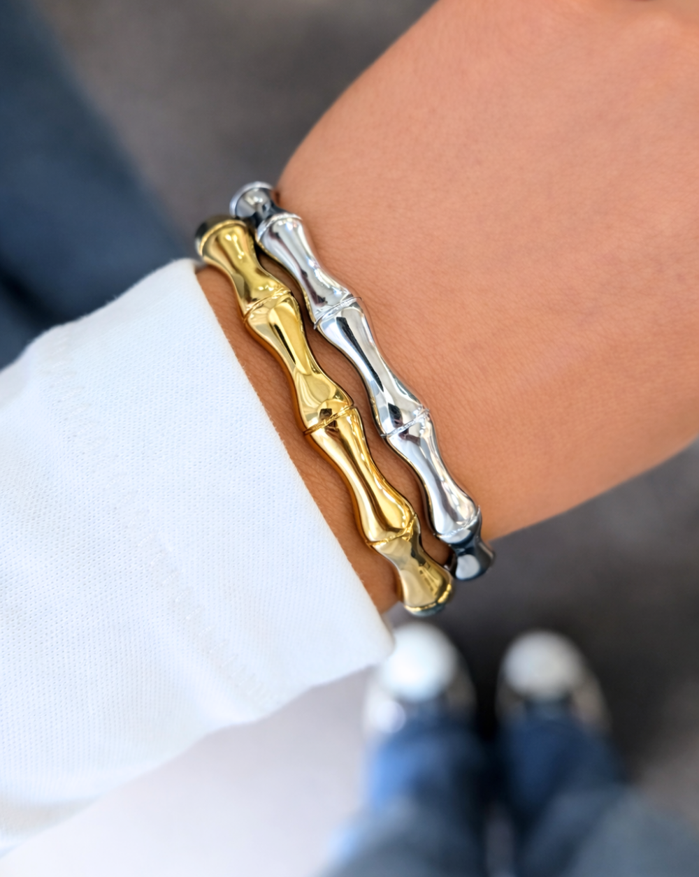 Zapestnica z bambusovim motivom iz nerjavečega oz. kirurškega jekla – trgovina Patrizia Ljubljana, eleganten moderen nakit