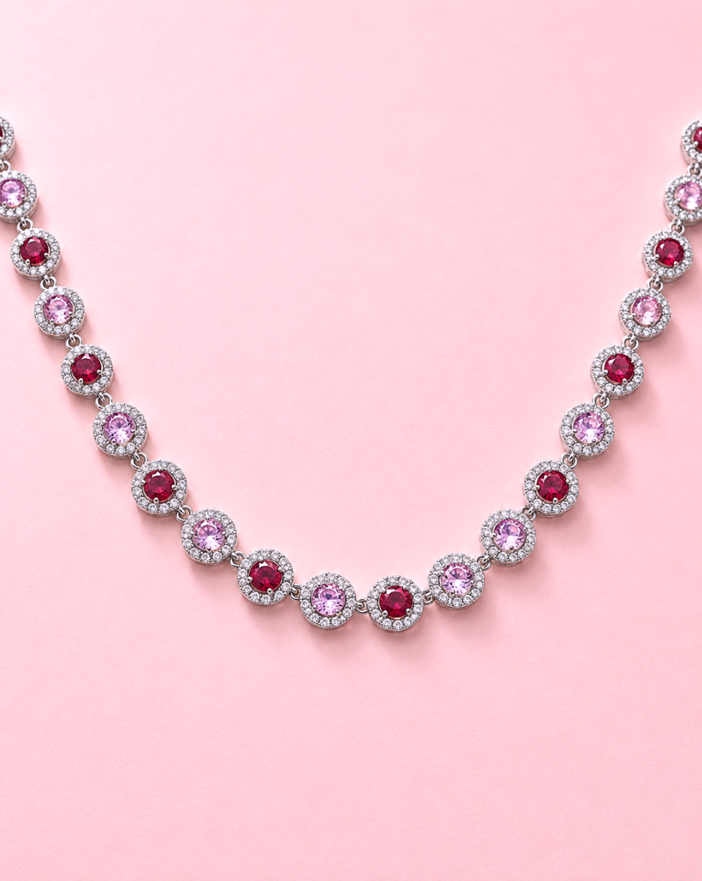 Silver necklace OPHELIA, made of stainless steel with pink and red sparkling crystals – Trgovina Patrizia Ljubljana.