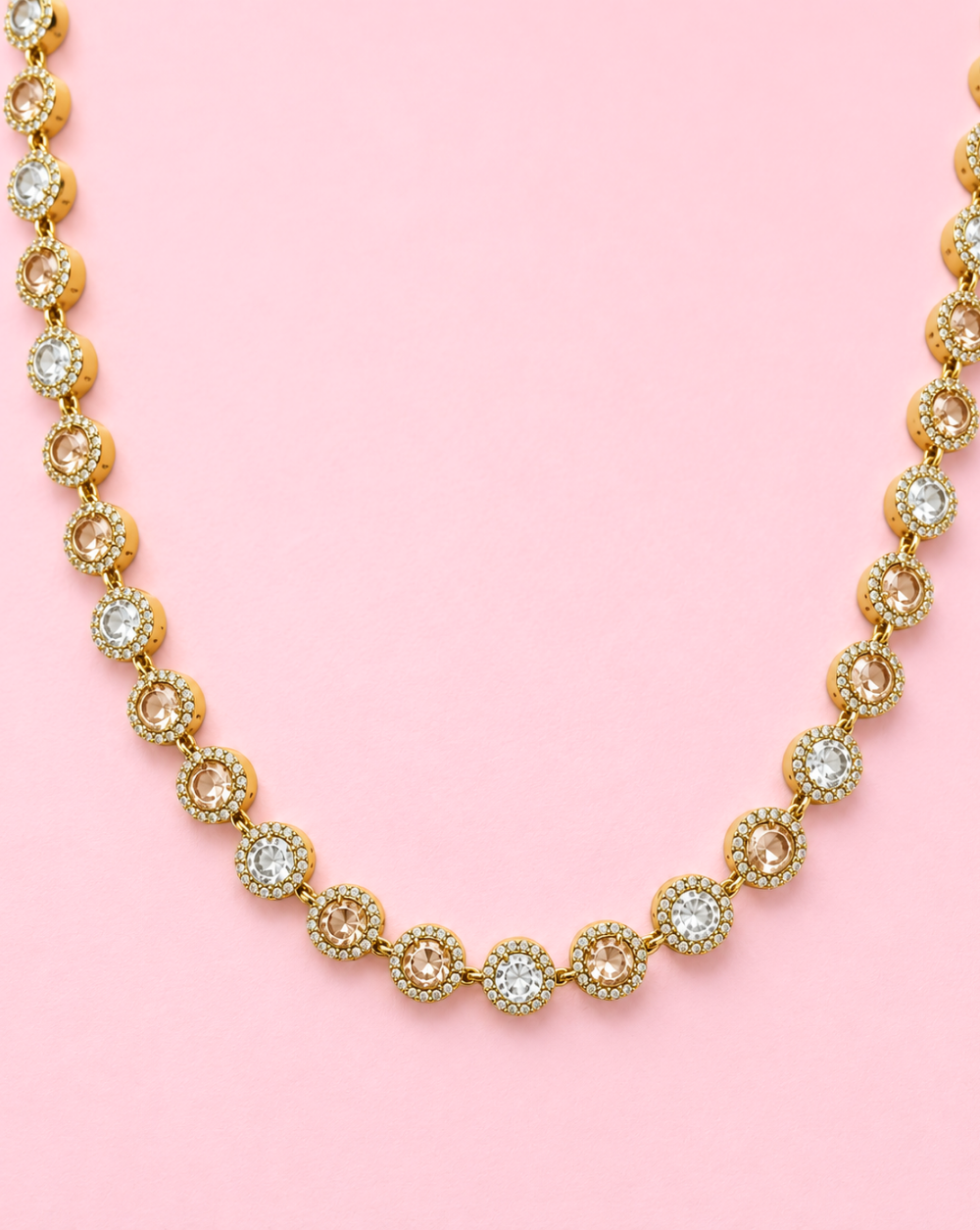 Gold necklace OPHELIA, made of stainless steel with clear and beige sparkling crystals – Trgovina Patrizia Ljubljana.