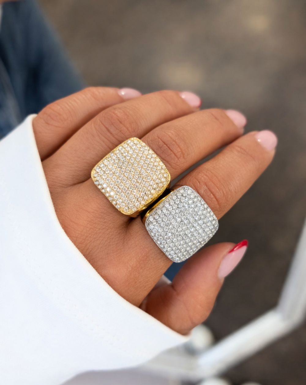 Ring  SQUARE Ring  SQUARE a glamorous stainless steel piece featuring a wide front set entirely with pavé diamonds - Patrizia Ljubljana