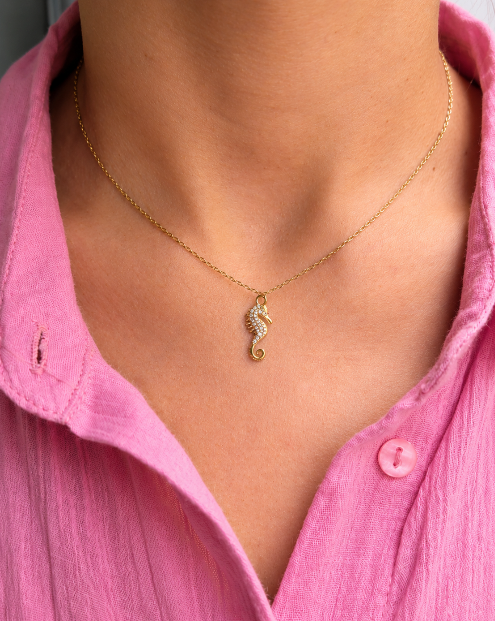 Necklace GLOW stainless steel Necklace with a seahorse pendant and crystals – Trgovina Patrizia .
