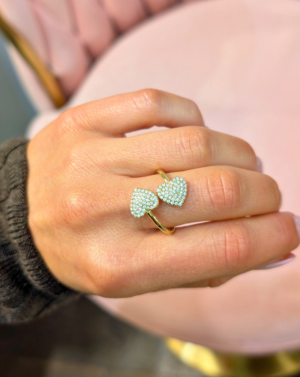 Ring DUO Ring with two pavé hearts made of stainless steel, Trgovina Patrizia