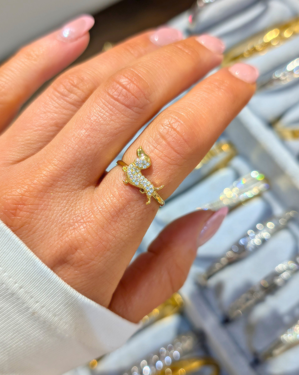 Ring CRYSTALS in the shape of a dachshund with crystals made of stainless steel or surgical steel, Trgovina Patrizia