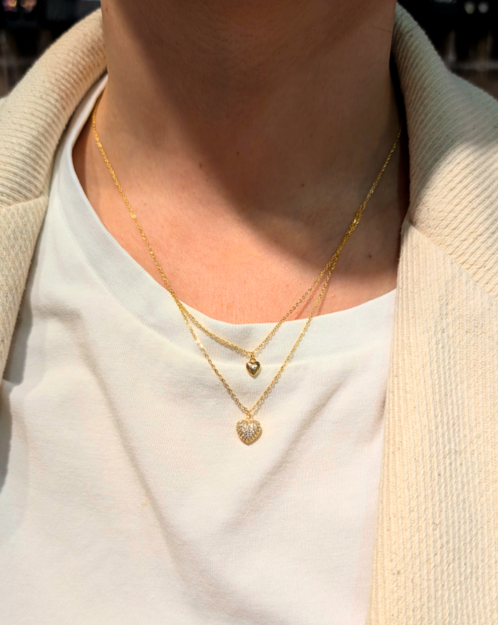 Dvostruki lančić sa srcima od nehrđajućeg ili kirurškog čelika – trgovina Patrizia Ljubljana, minimalistički romantični nakit