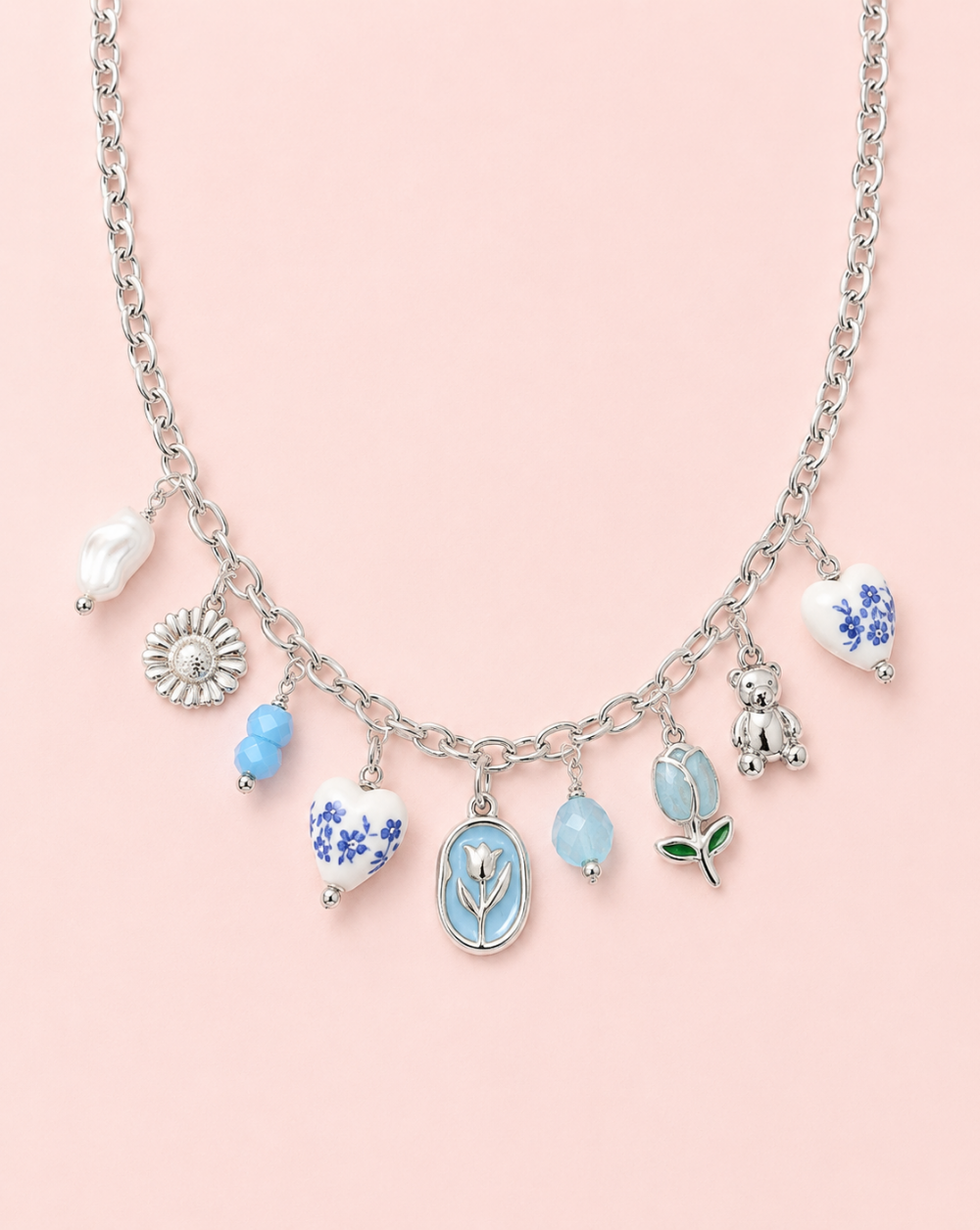 CHARM Stainless Steel Necklace  – necklace various charms, floral motifs, and delicate details for a unique and eye-catching look. Trgovina Patrizia