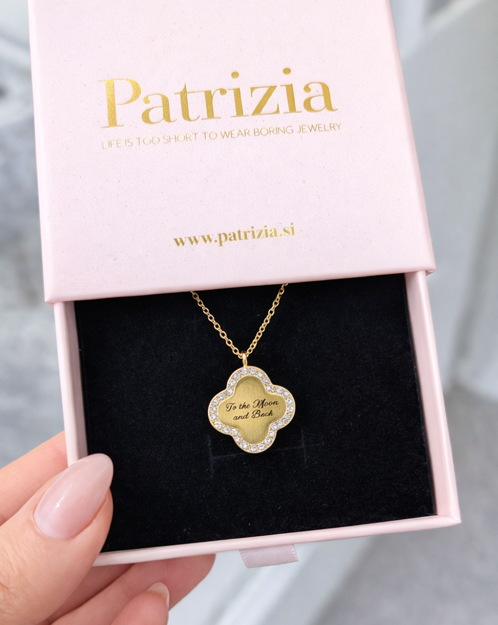 Necklace THE MOON AND BACK Necklace with engraved inscription made of stainless steel – Trgovina Patrizia