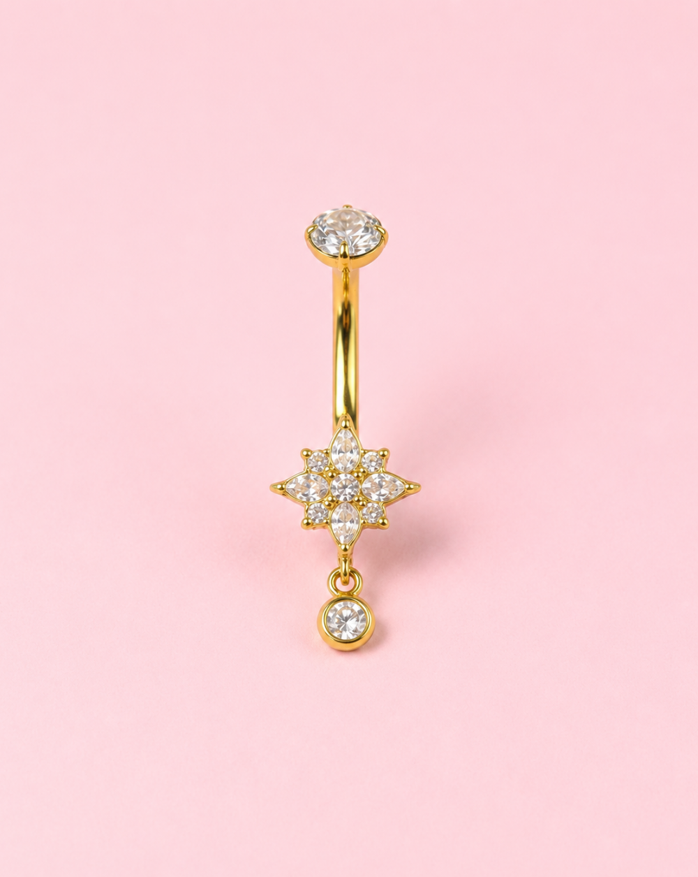 Bauchnabelpiercing mit Sternmotiv und einem hängenden Kristall aus Edelstahl bzw. chirurgischem Stahl – trgovina Patrizia , eleganter, femininer Schmuck