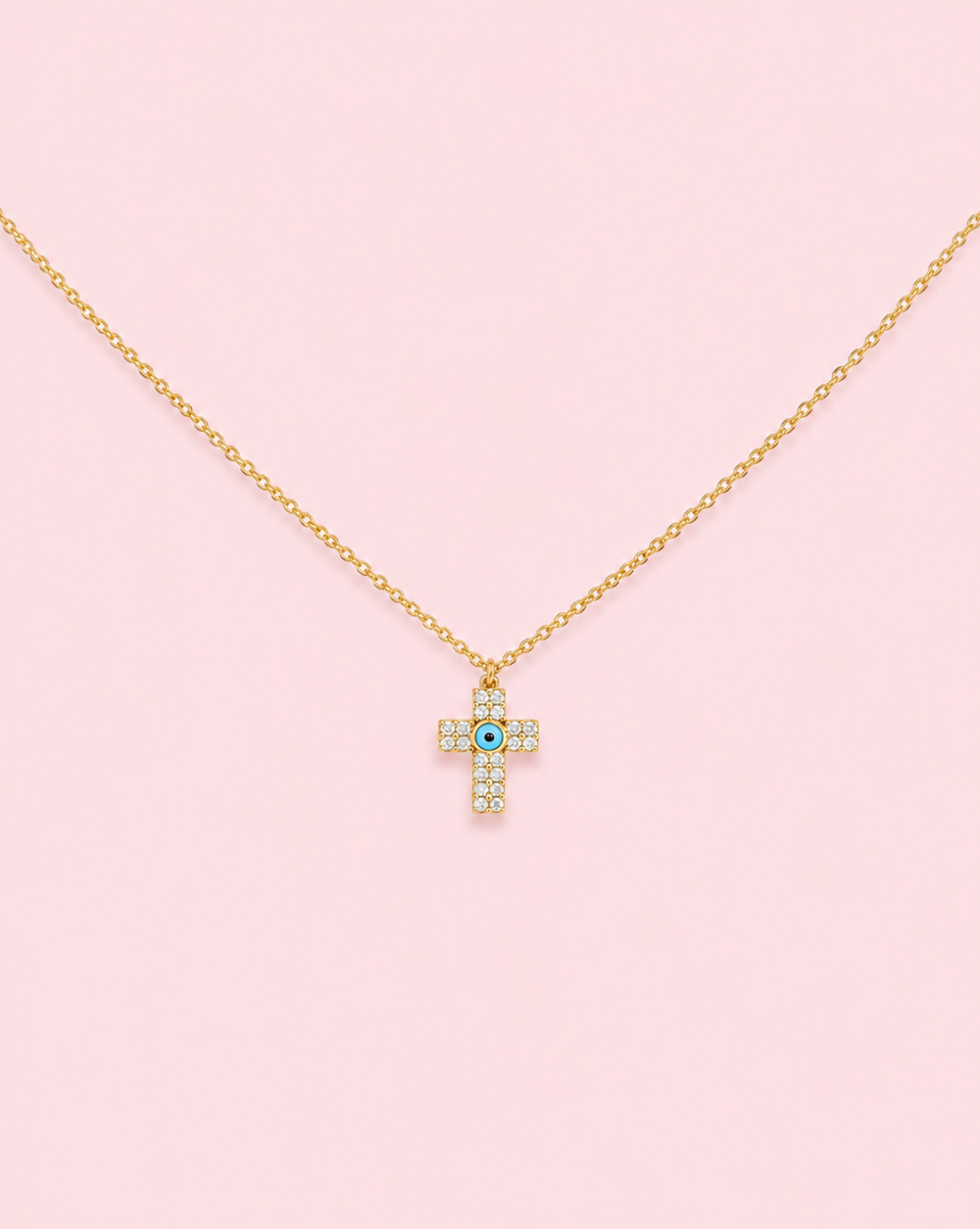 Verižica EVIL EYE CROSS iz nerjavečega jekla s križem, zaščitnim očesom in kristalčki – Trgovina Patrizia Ljubljana.