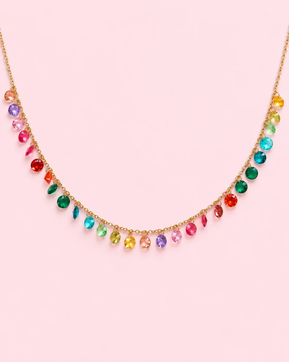 Necklace GEM DROPS, made of stainless steel, featuring numerous dangling crystal pendants of various shapes and sizes arranged along the chain – Trgovina Patrizia Ljubljana.