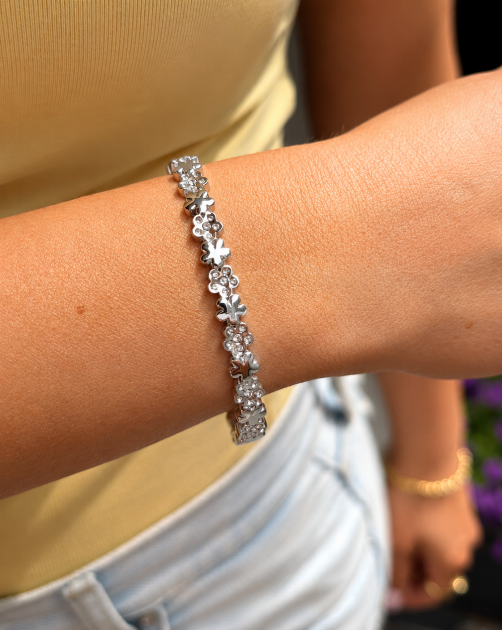 FLOWER stainless steel Bracelet  with floral motifs and sparkling crystals – Trgovina Patrizia .