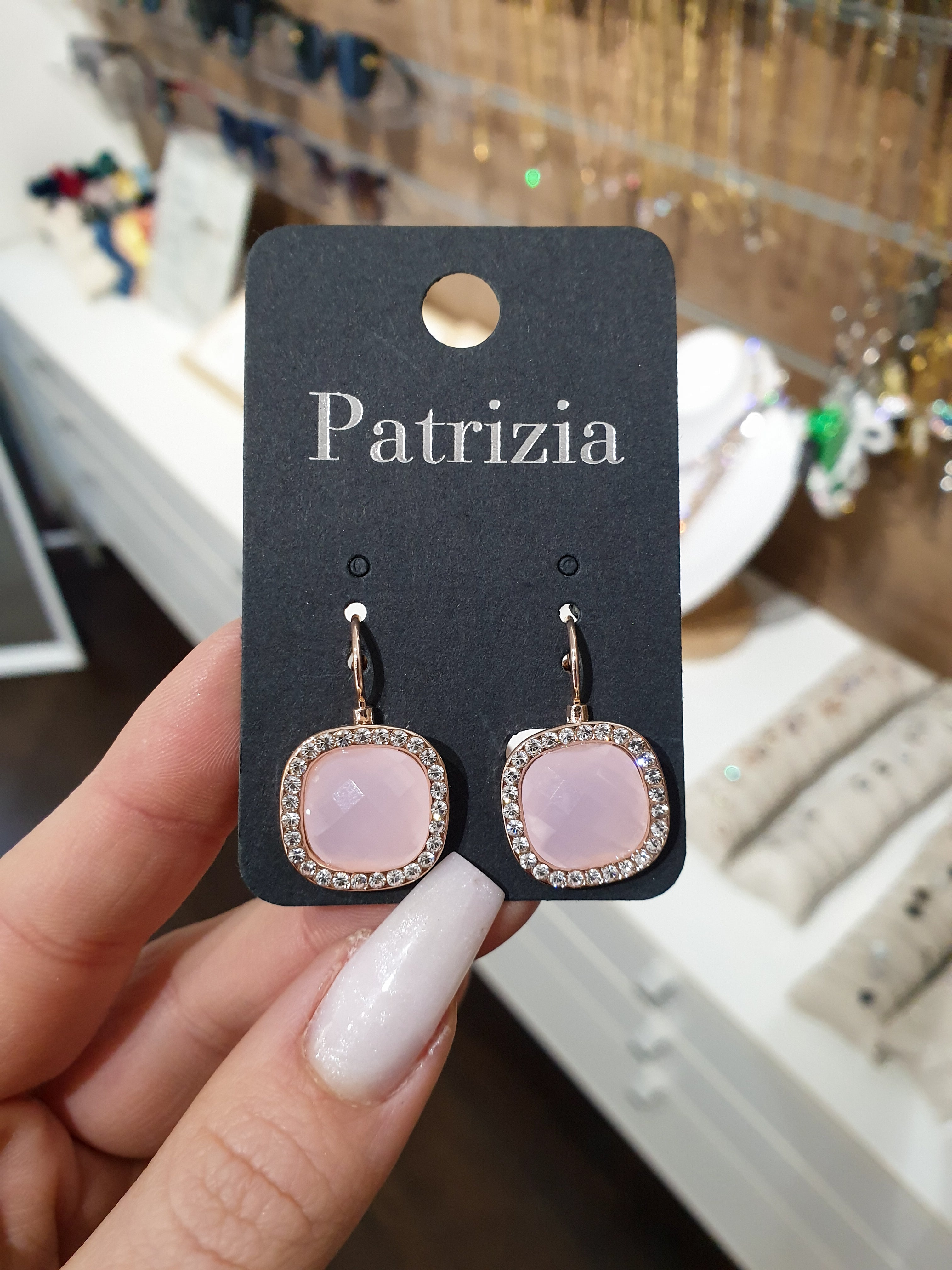 Hanging earrings with rhinestones | Pastel Pink