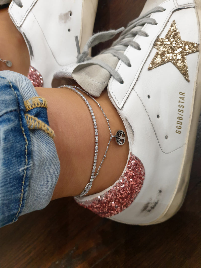 Double Foot Bracelet with Zircons Tree of Life-Silver