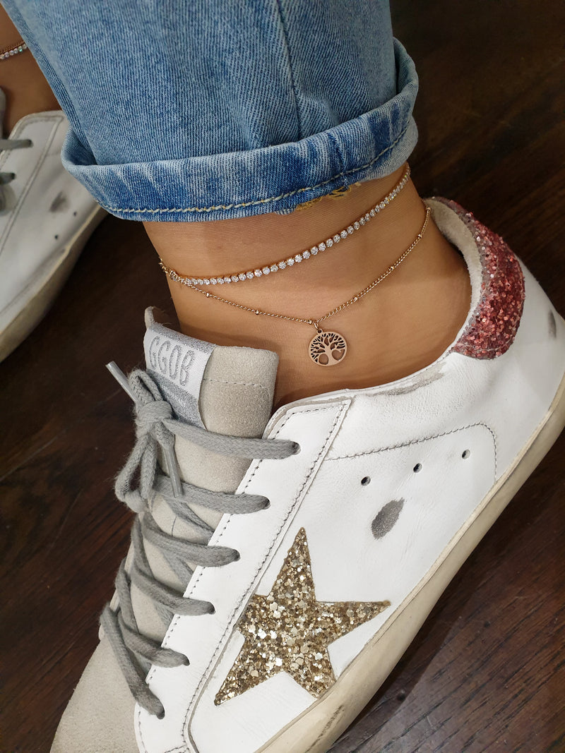 Dvojna zapestnica za nogo s cirkoni Drevo življenja-Rose gold