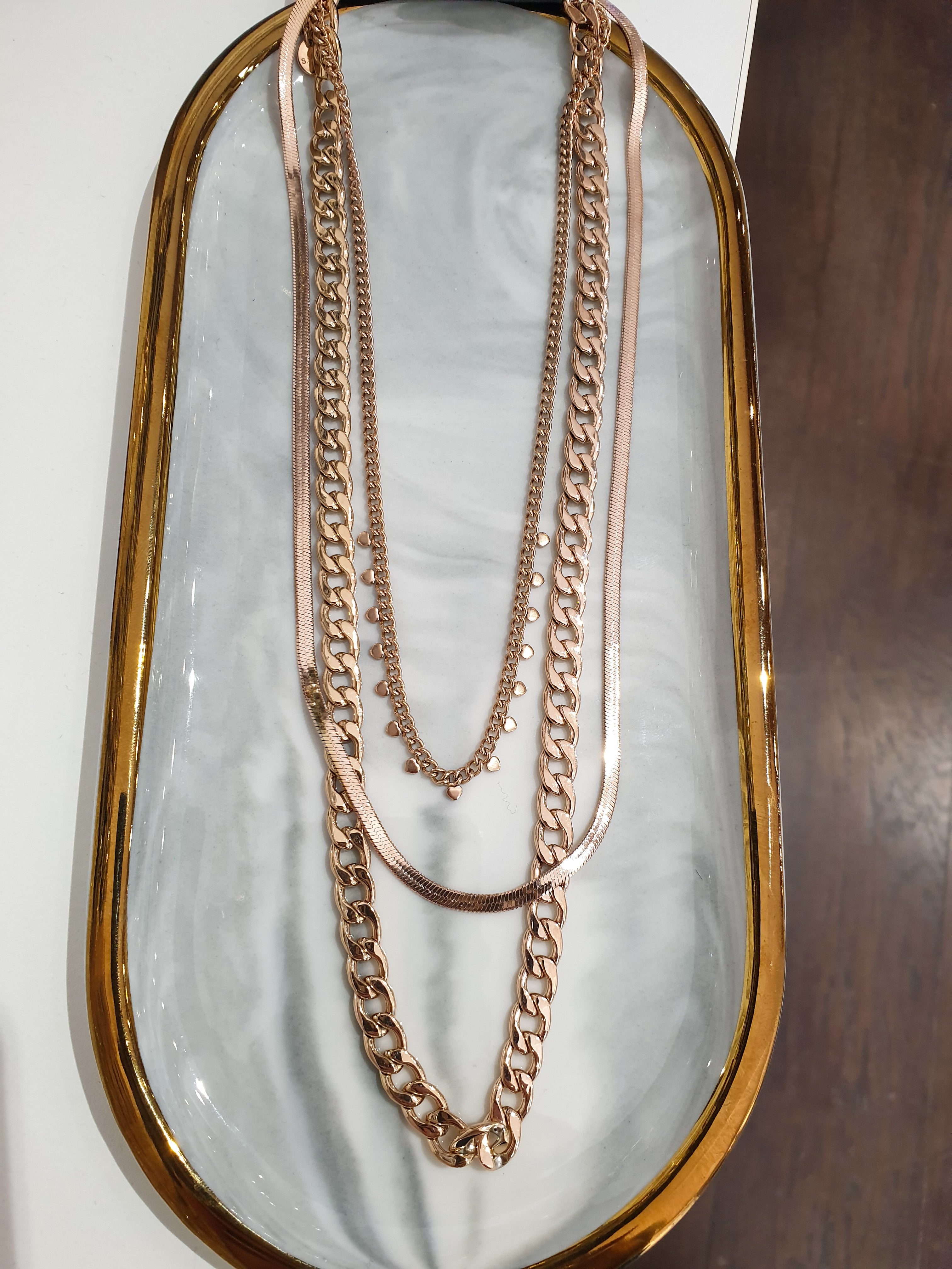 Triple CHAIN necklace  with hearts | Rose gold